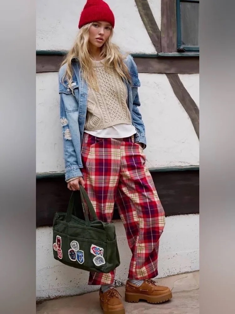 NWT Free People Nice Choice Pull-On Pants Wine combo lantern plaid Sz S